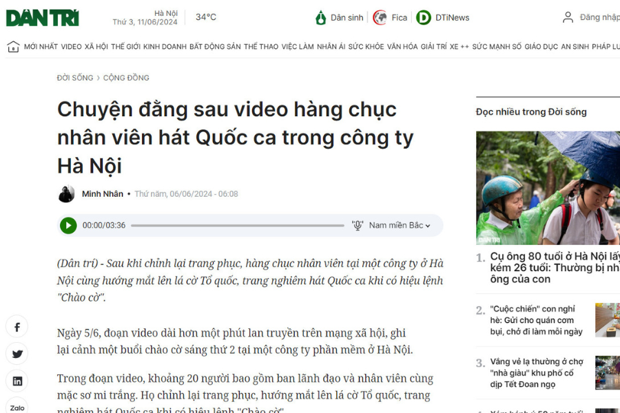 Báo Dân trí đưa tin về văn hóa chào cờ tại ViTech